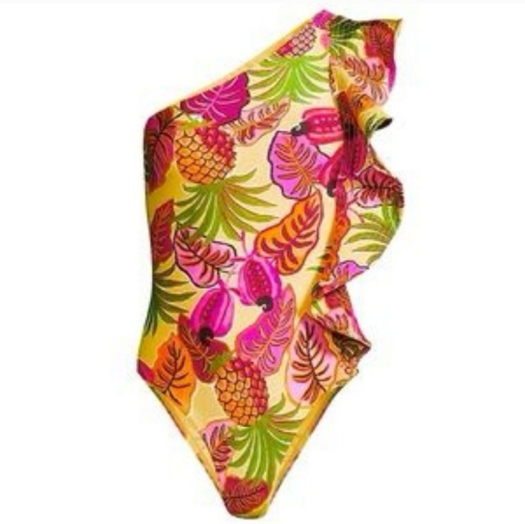 Farm Rio Tropical Dreams One-Shoulder Side Ruffle One Piece Swimsuit Nwt